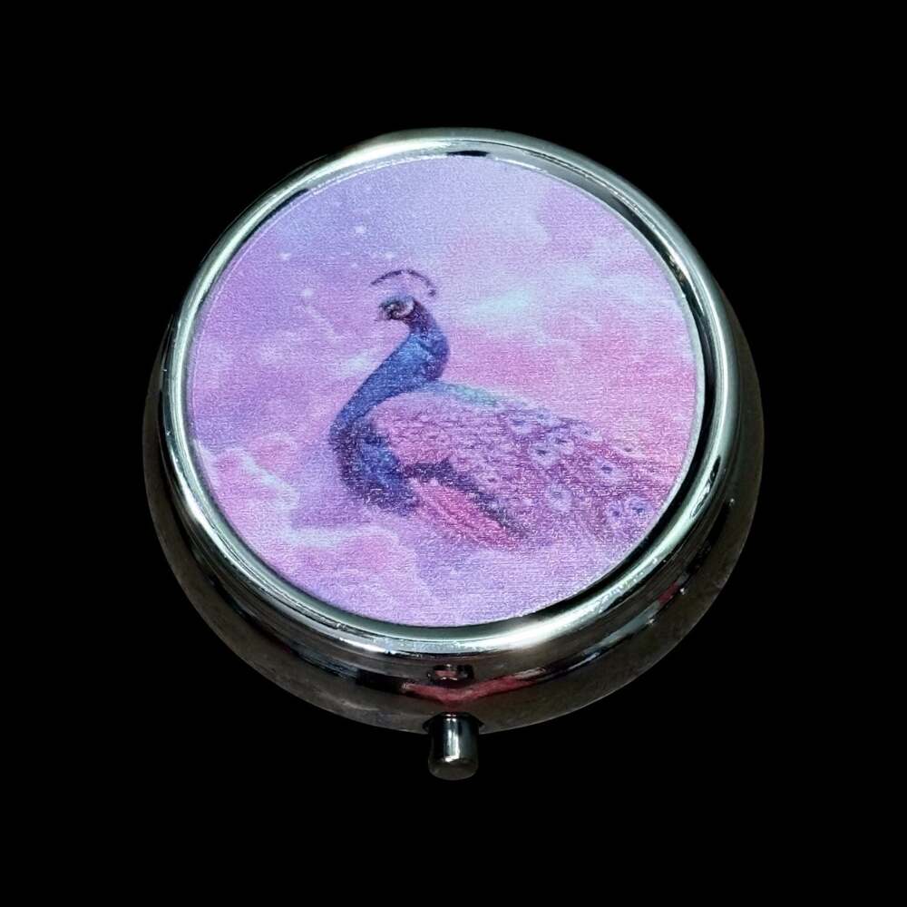 Cute Peacock Clouds Portable Round Metal Pill Organizer Case